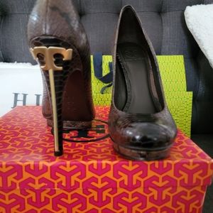 Tory Burch Jude Snakeskin  Leather Stiletto Platform Pumps Size 8.5